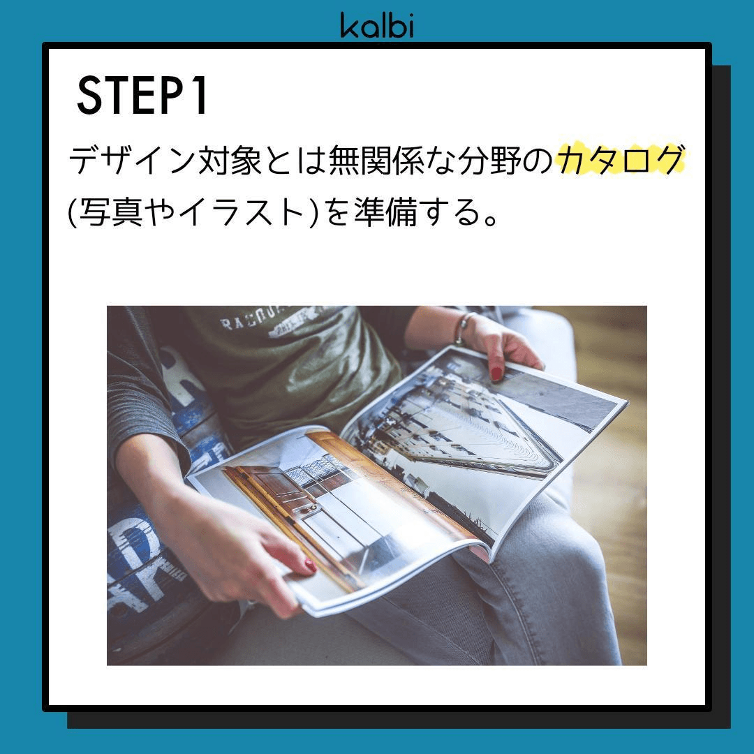 デザイン対象とは無関係な分野のカタログ（写真やイラスト）を準備する。