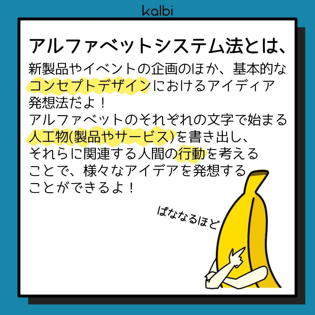 各アルファベットから始まる人工物を定義し、それらをデザイン対象と強制的に結びつけることで発想する手法