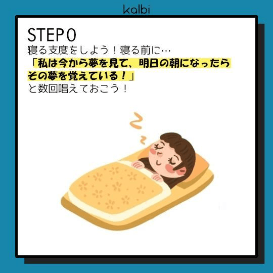 寝る支度をする。寝る前に「私は今から夢を見て、明日の朝になったらその夢を覚えている！」と数回唱えておく。