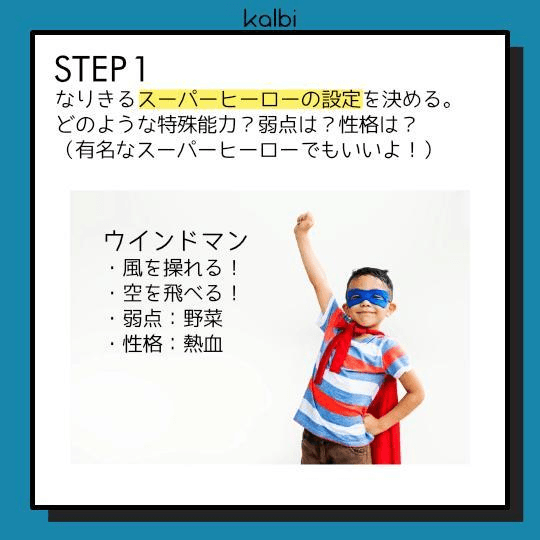 なりきるスーパーヒーローの設定を決める。どのような特殊能力？弱点は？性格は？（有名なスーパーヒーローでもいいよ！）