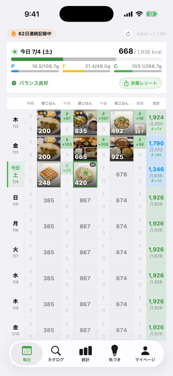 kaloriの食事プラン画面